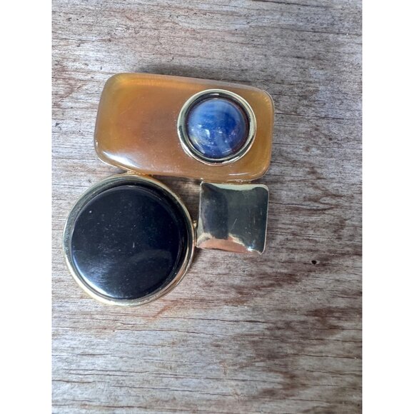 Modernist Geometric Brooch Gold Tone Lucite Cabochons Amber Black Blue Statement - Picture 7 of 7